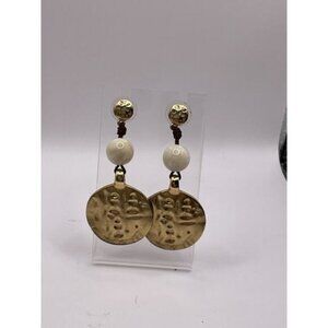Gold & White Beaded Vintage Dangle Earrings With Textured Round Discs For Women